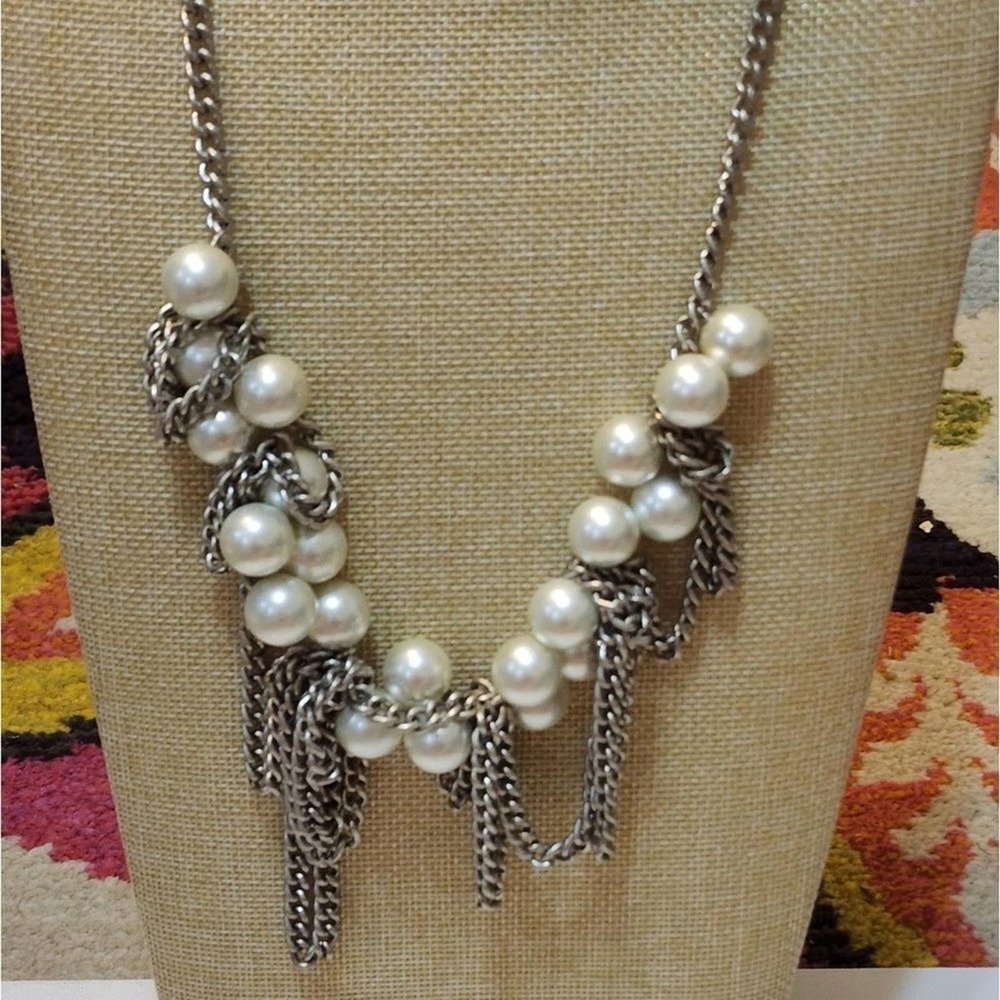 J. Crew silver faux pearl and chain goth necklace